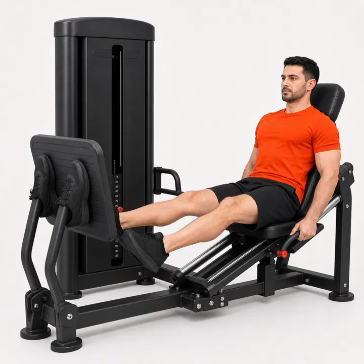 Man in an orange T-shirt on a leg press